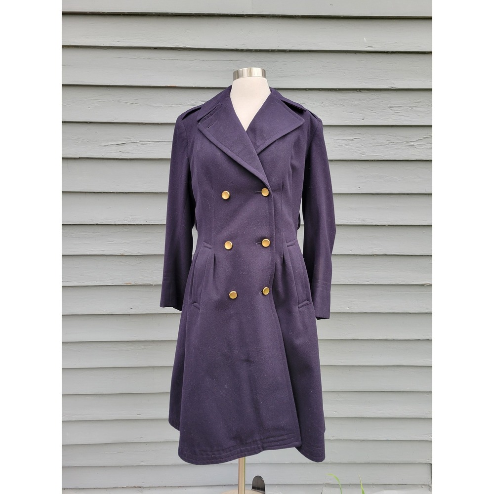 Vintage Military Style Overcoat Navy Blue Double Breasted Gold Buttons Medium